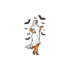 Retro pinup ghost girl with bats isolated on white background for halloween party