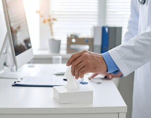 Close-up of a doctor's hand gently picking up a tissue paper on a white desk in a hospital office. Soft, natural light filters through the window behind the desk, casting a warm glow on the scene.