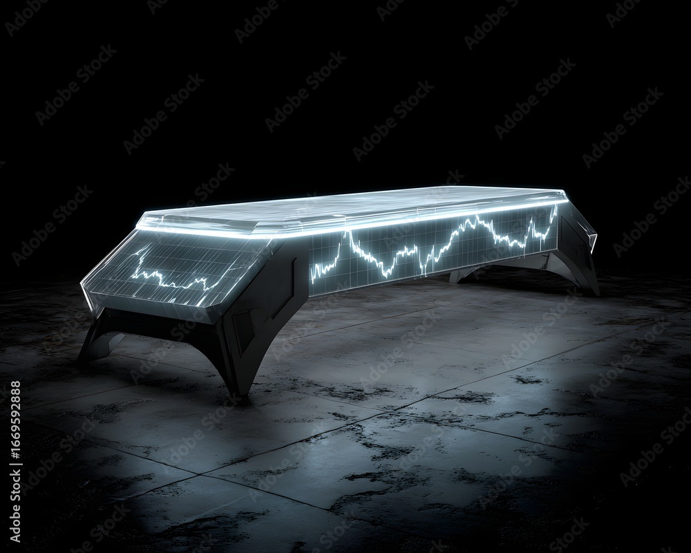 Poster a futuristic holographic desk setup showing ai data analytics and automation graphs, clean copyspace