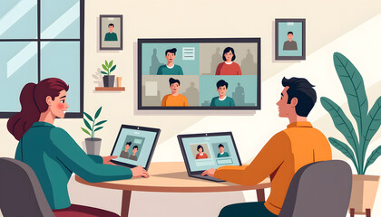 Two people participating in a video conference call in a bright, modern room.