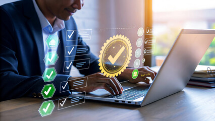 Professional businessman achieving quality assurance goals with digital checklist and certification badge on laptop