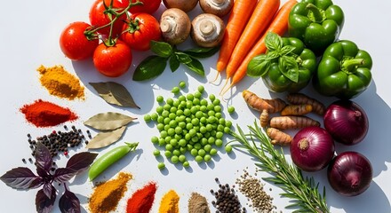 A vibrant collection of fresh vegetables including peas and spices arranged artfully on a white background