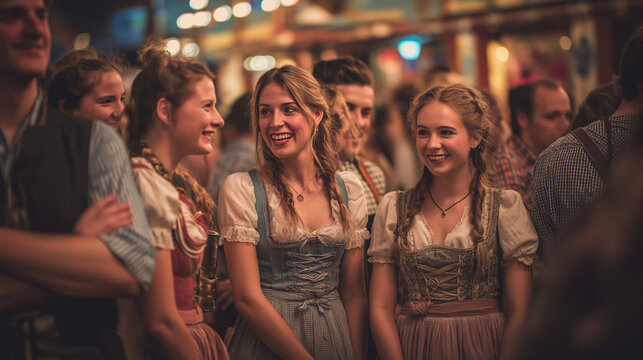 Women in dirndl dresses smiling at Oktoberfest crowd.