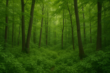 Fototapeta premium Immerse yourself in the vibrant tranquility of a lush green forest, where towering trees and abundant foliage create a serene natural sanctuary
