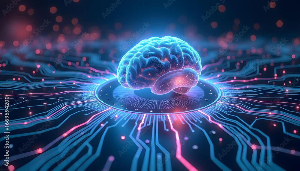 Poster a captivating image featuring a brain integrated with an intricate circuit board, representing ai an