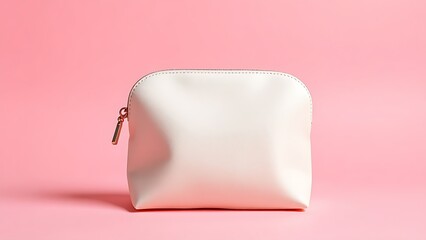 A stylish cosmetic bag with refined details, presented on a soft pink background for a clean aesthetic.