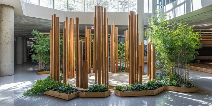Sculptural installation of vertical wooden planks in an open atrium Stock photo