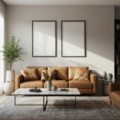 Two vertical poster frame mockups above leather sofa in warm contemporary living room interior