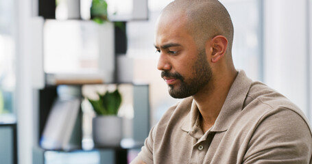 Serious, man and thinking in home with stress for bad decision, regret mistake or financial loss....