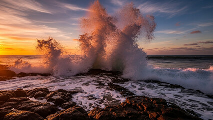 Fototapeta premium Dramatic ocean waves crashing against rocky shore at sunset with colorful sky