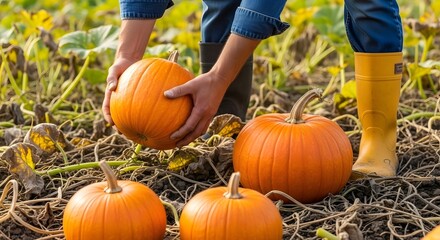 Farmer collecting fresh orange pumpkins in a field during the fall harvest