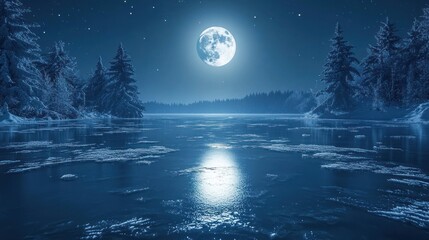 Naklejka premium It's a quiet Christmas night, the moon is reflected from the lake, and snow-covered fir trees surround the serene landscape.