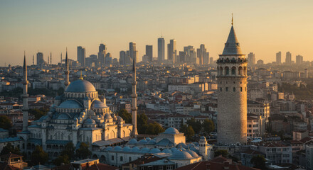 Obraz premium Istanbul Cityscape with Galata Tower and Mosques at Sunset.