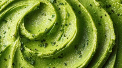 Fototapeta premium Close-up of smooth green avocado spread with herbs. The texture is creamy and rich, ideal for healthy dishes or snacks.
