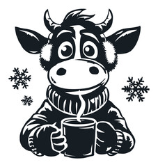 Obraz premium Cute Cartoon Cow with Mug in Winter Scene with Snowflakes Design