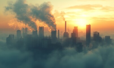 Fototapeta premium Concept of carbon emissions, shown by smoke billowing from factory chimneys, sinking into smog. This visual emphasizes the environmental consequences of industrial pollution, Generative AI