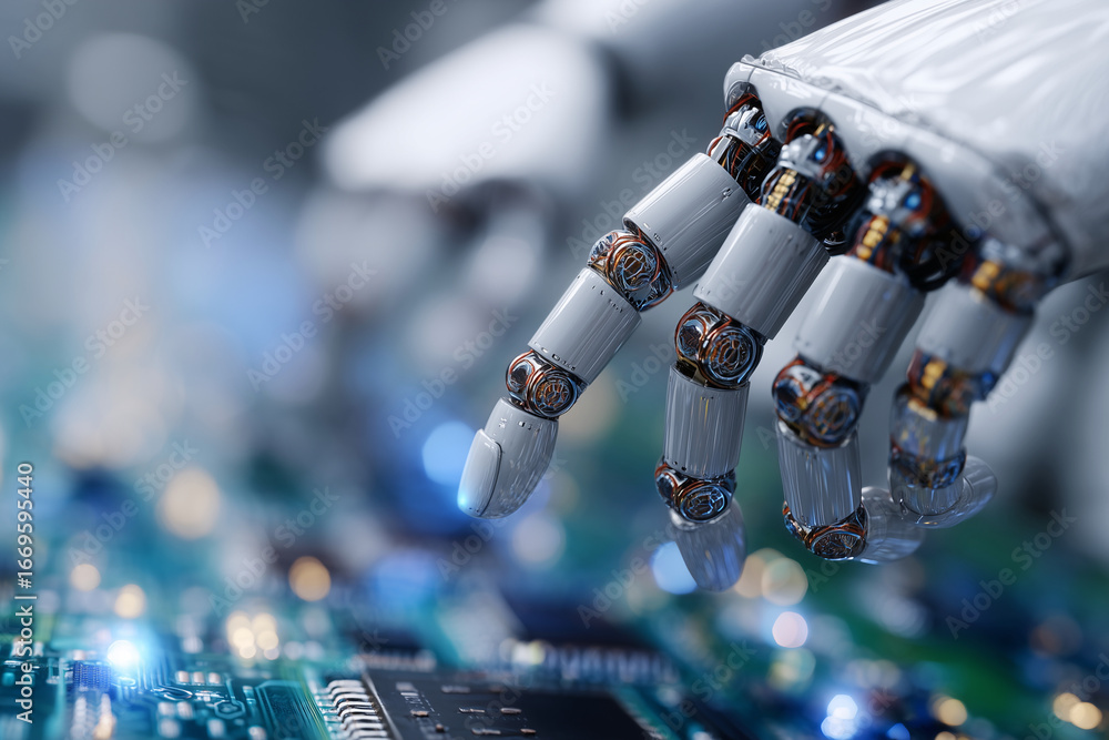Poster a robotic hand is touching a computer chip