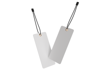 3D mockup of blank rectangle hanging tags with strings, metal eyelets, isolated on background. Perfect for branding, label design, packaging, fashion, retail, shipping label, wedding tag, gift tag