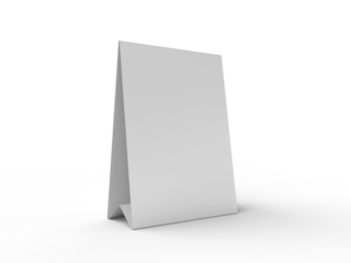 3D realistic mockup of a blank table sign tent card A4 format, isolated on white. Minimal display Ideal for menu, restaurant, cafe, event, promotion, branding, ads, and marketing design presentations