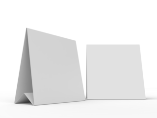 3D realistic mockup of a blank table sign tent card square format, isolated on white. Minimal display Ideal for menu, restaurant, cafe, event, promotion, branding, ads, and marketing design