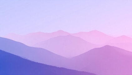 Mountain silhouettes recede in a serene gradient from cool blues to soft pinks under a pale, hazy sky