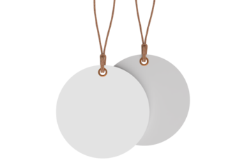 3D mockup of round blank hanging tags with brown strings, metal eyelets, isolated on background. Perfect for branding, label design, packaging, fashion, retail, shipping label, wedding tag, gift tag