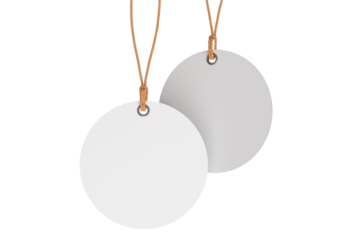 3D mockup of round blank hanging tags with brown strings, metal eyelets, isolated on background. Perfect for branding, label design, packaging, fashion, retail, shipping label, wedding tag, gift tag
