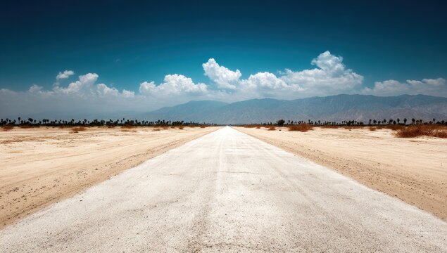 Long straight desert road under a bright blue sky with distant mountains