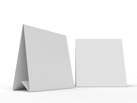 3D realistic mockup of a blank table sign tent card square format, isolated on white. Minimal display Ideal for menu, restaurant, cafe, event, promotion, branding, ads, and marketing design
