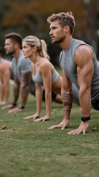 Group of athletes training in outdoor bootcamp session performing push-ups with strength and focus in natural environment