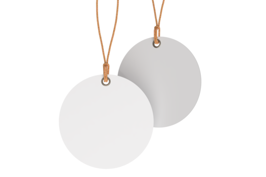 3D mockup of round blank hanging tags with brown strings, metal eyelets, isolated on background. Perfect for branding, label design, packaging, fashion, retail, shipping label, wedding tag, gift tag