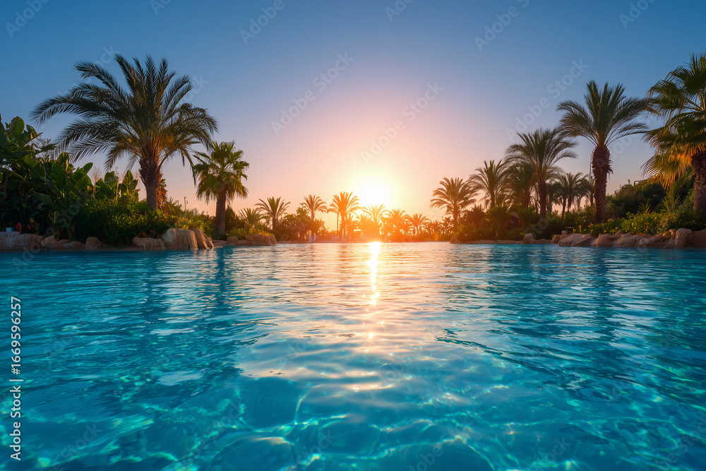 Poster a beautiful pool with palm trees in the background and a sunset in the sky