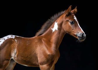 Obraz premium Beautiful young brown foal with white markings stands against black background