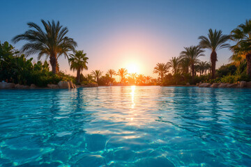 A beautiful pool with palm trees in the background and a sunset in the sky