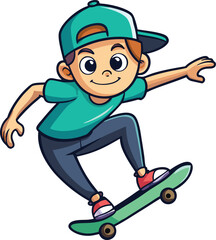 Cartoon skateboarder doing a trick isolated on white background, enjoying the extreme sport