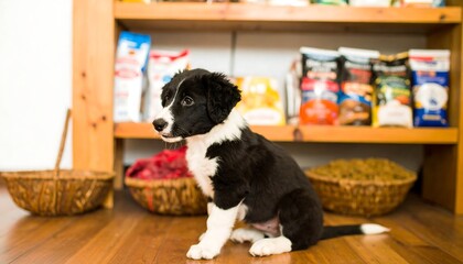 Adorable Black and White Puppy Sitting Near Pet Food Shelves