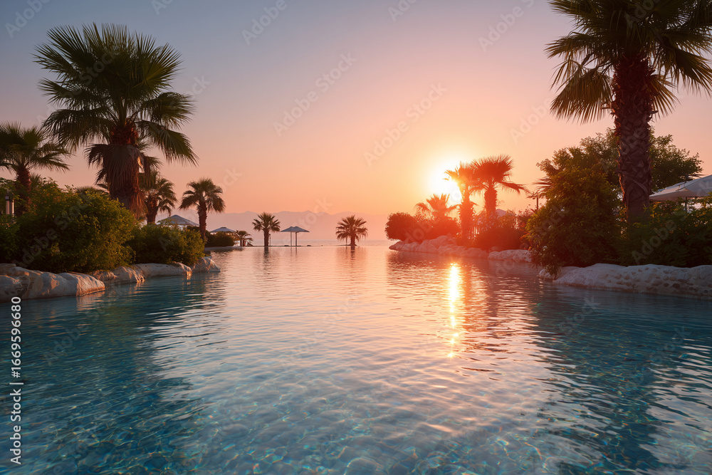 Poster a beautiful pool with palm trees in the background