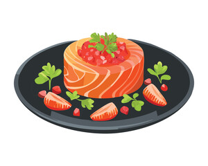 Succulent Salmon Fillet Topped with Fresh Strawberry and Herb Salsa, Artfully Presented on a White Surface - Vector Illustration