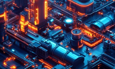 Futuristic image illustrating the concept of a smart factory. Advanced technologies like AI, IoT, and robotics are integrated into manufacturing processes, enhancing efficiency, Generative AI