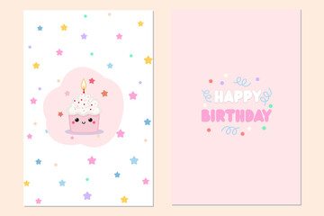 Birthday cards, cute cake decorated candles, colorful stars seamless pattern, happy birthday text on pink confetti background.
