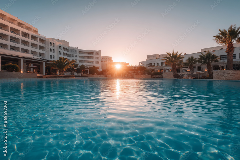 Poster a large pool with a sun setting in the background