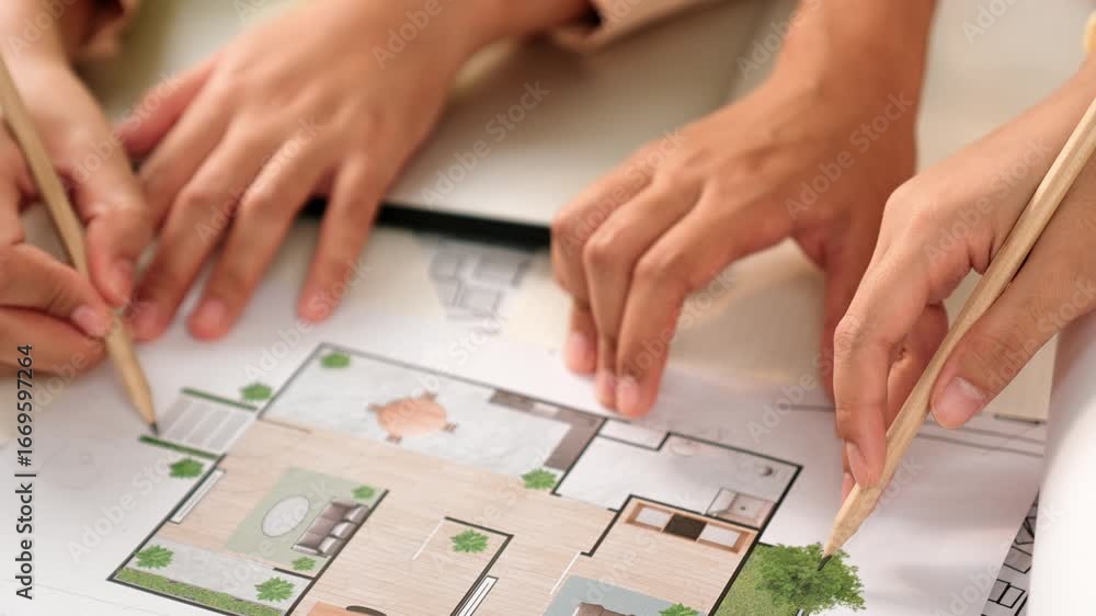 Poster smart architect and safety engineer discussion about building blueprint on table with architectural 