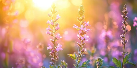 Soft focus close-up of wildflowers glowing in sunrise light Stock photo
