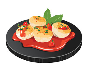 Pan-seared scallops served with sweet strawberry sauce on a black plate - Vector Illustration