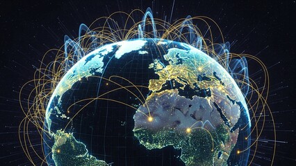 A futuristic rendering of Earth at night with glowing lines connecting major cities, symbolizing a global network and data communication.