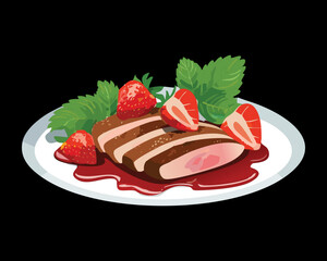 Deliciously Grilled Steak with Fresh Strawberries and Mint on a Bed of Rich Brown Sauce, Fine Dining Presentation - Vector Illustration
