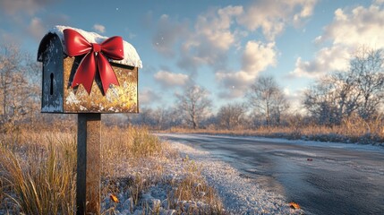 Deep snow and frosted trees with a festive mailbox wrapped with a red bow in the center of a white winter wonderland, a perfect space for Christmas cards and presents.