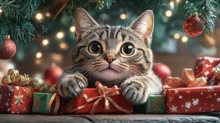 A mischievous tabby cat peers out from under the Christmas tree, paws pawing at the sparkling ribbons wrapped around the brightly colored presents. In a cartoon style,