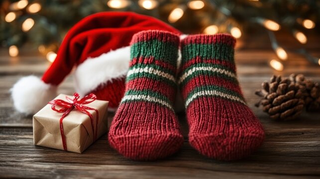 A pair of Christmas socks in red and green stripes, next to a Santa hat and a small gift box tied with a ribbon, on a wooden surface with soft, shining festive lights in the background. - Powered by Adobe