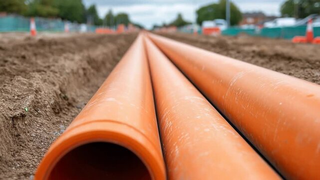 Construction site featuring orange pipes laid on soft earth, ready for installation